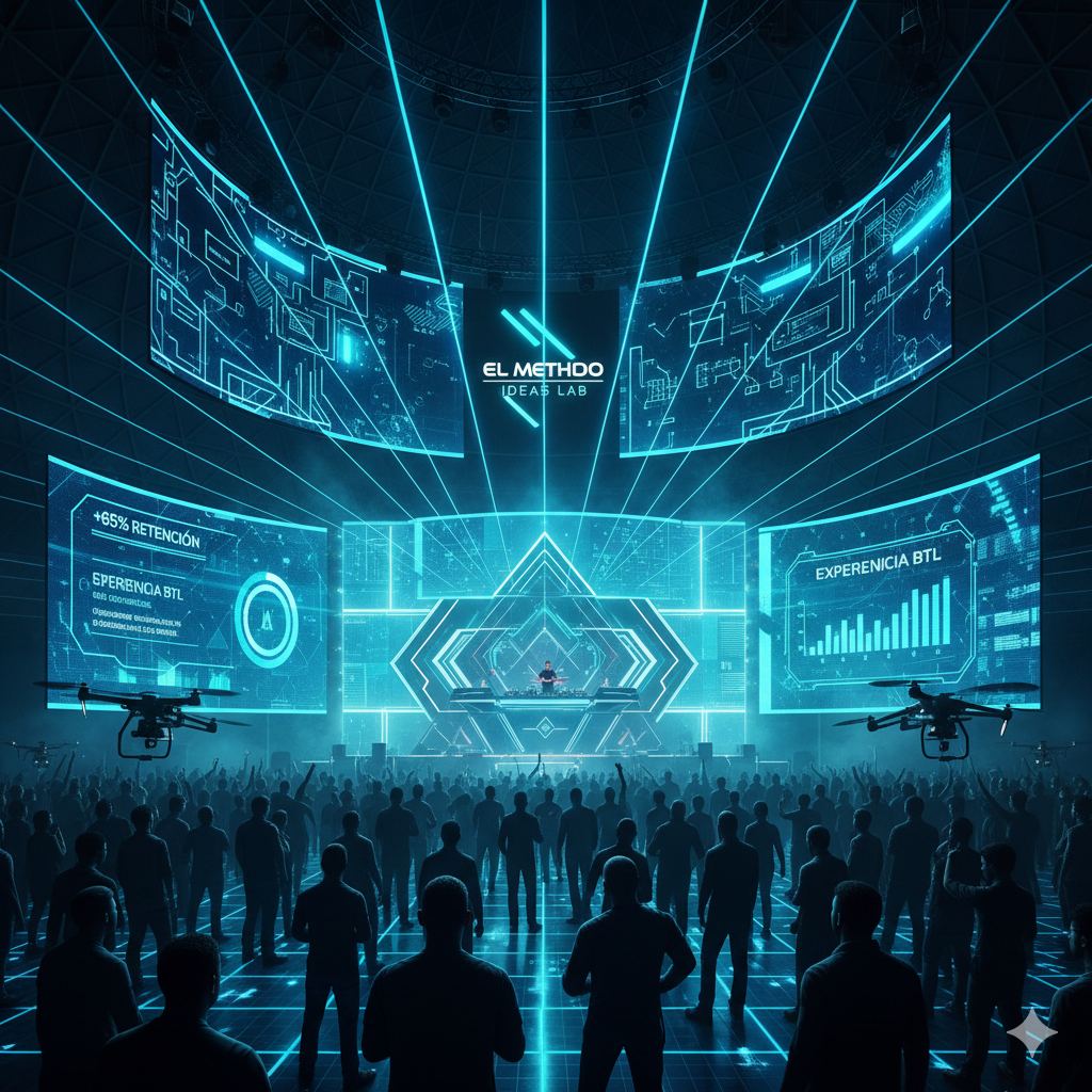 A futuristic event showcasing a high-tech presentation with audience engagement, featuring LED screens and drones in a digital environment.